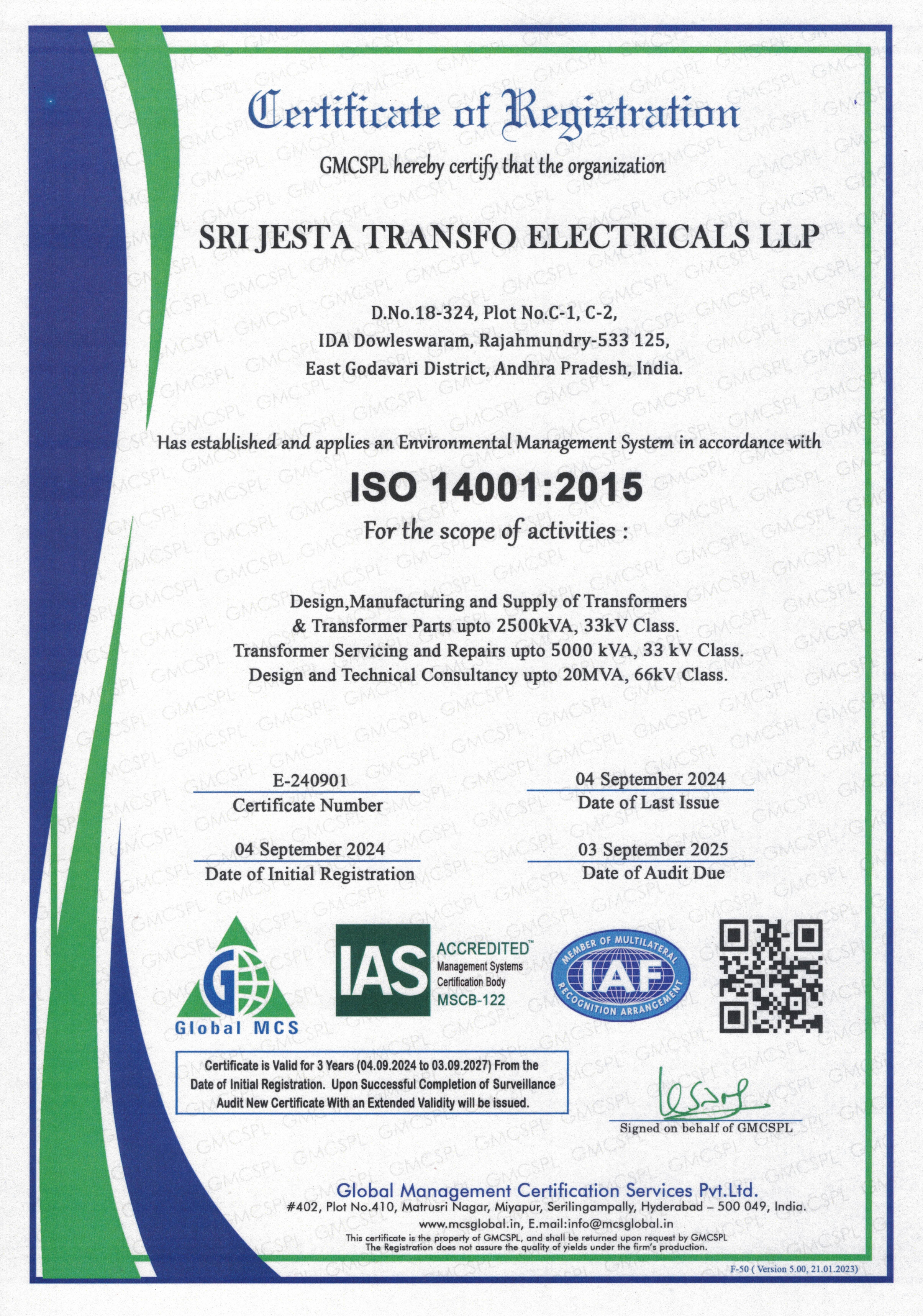 ISO14001 Certificate of Registration