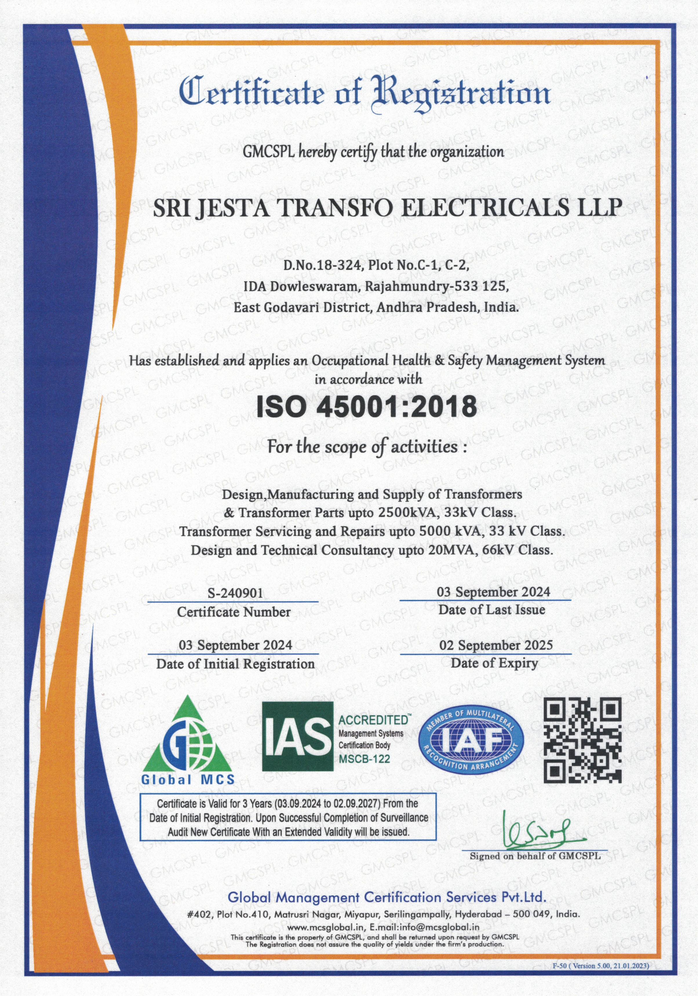 ISO45001 Certificate of Registration