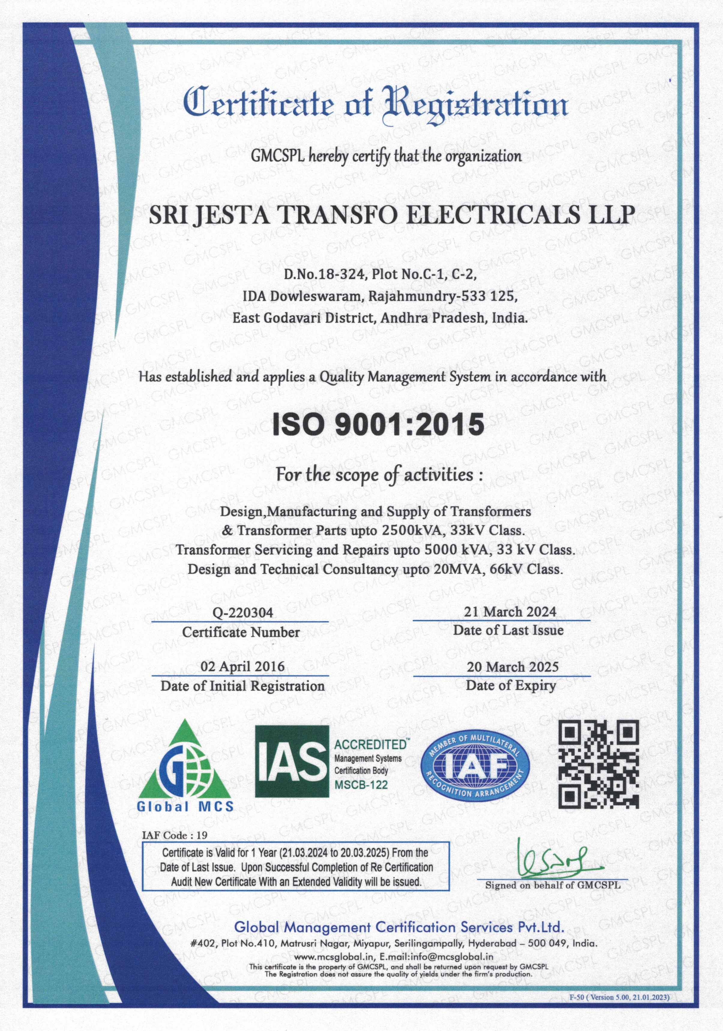 ISO9001 Certificate of Registration